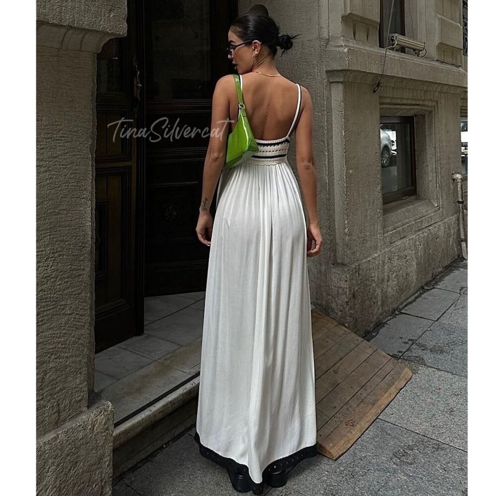 Zara Combination Knit Maxi Dress Ecru Black Sz M NWT - Picture 16 of 17